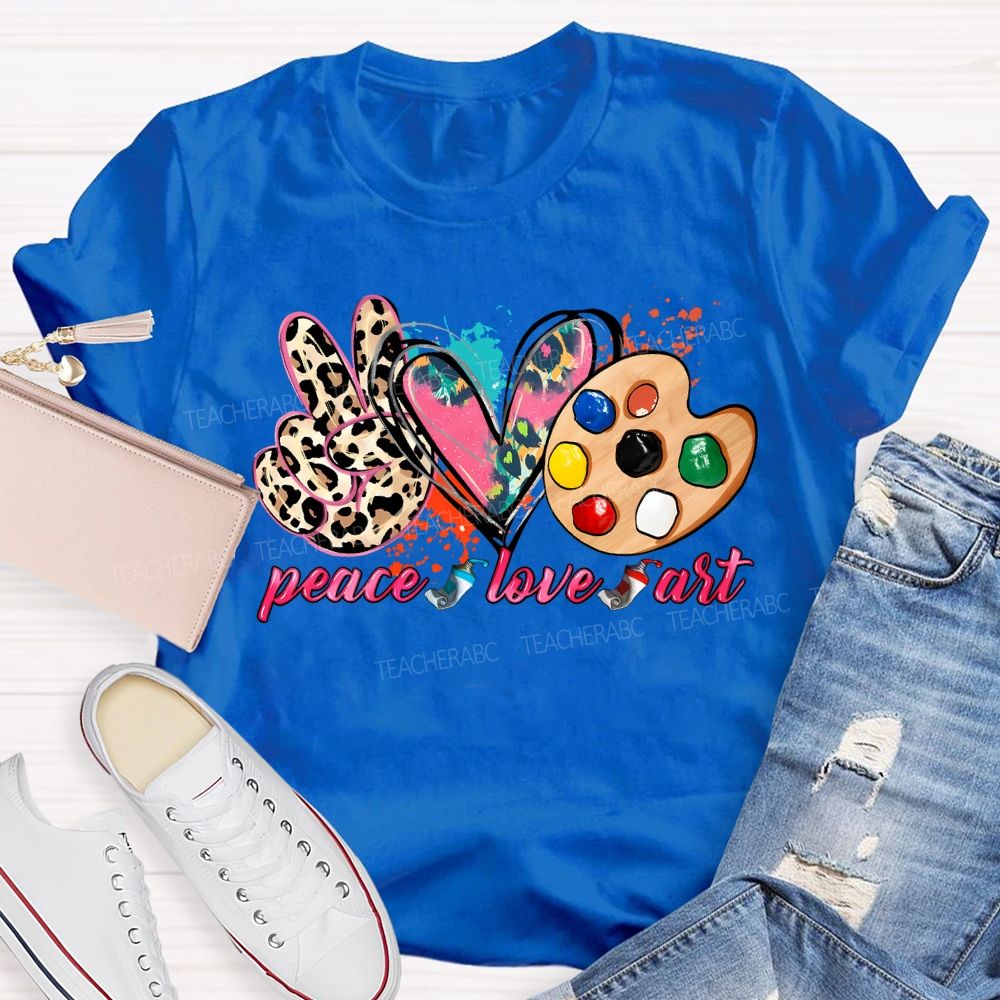 Peace Love Art Colorful Tie-Dye Hearts Teacher T-shirt