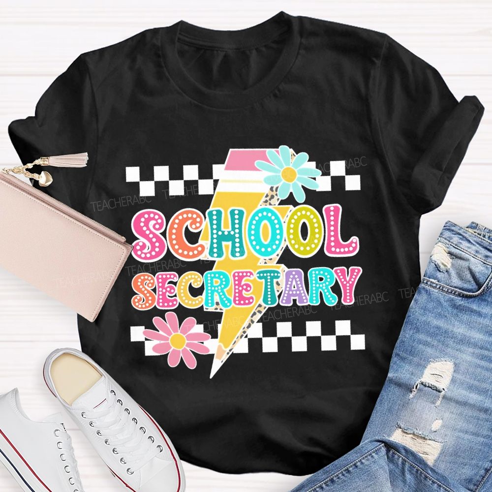 School Secretary Lightning Print And Checkered Pattern T-shirt