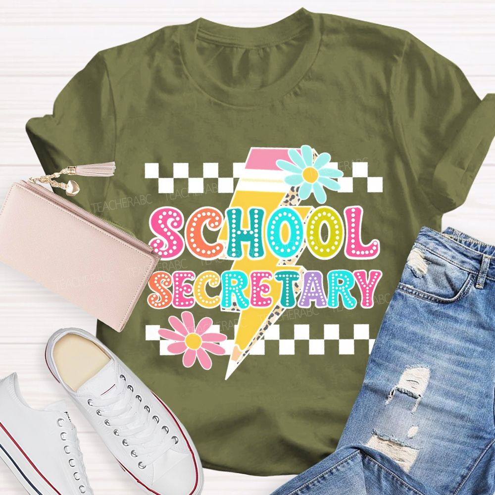 School Secretary Lightning Print And Checkered Pattern T-shirt