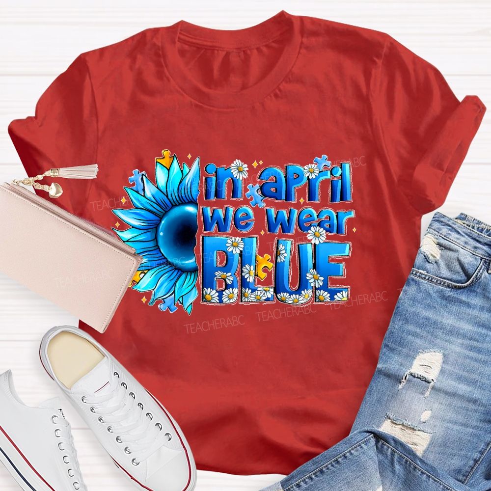 In April We Wear Blue Sunflower Puzzle Teacher T-shirt
