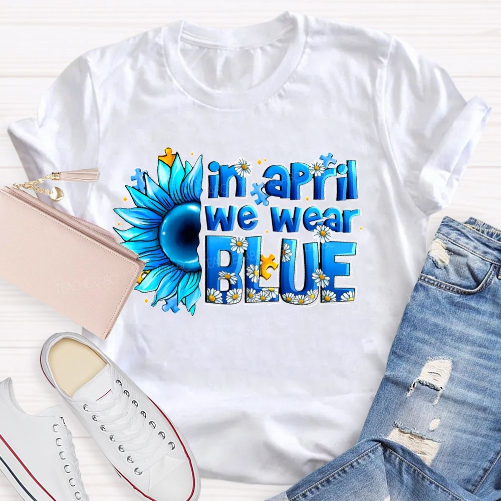 In April We Wear Blue Sunflower Puzzle Teacher T-shirt