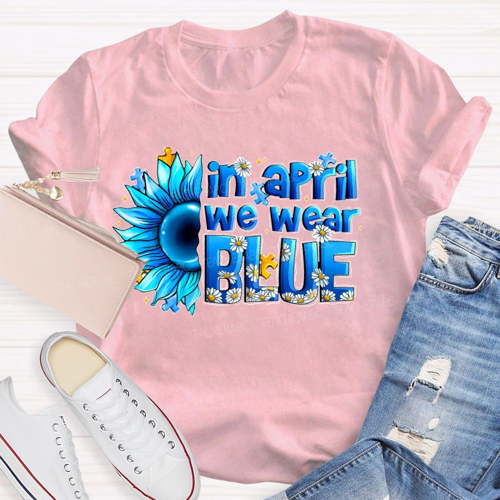 In April We Wear Blue Sunflower Puzzle Teacher T-shirt