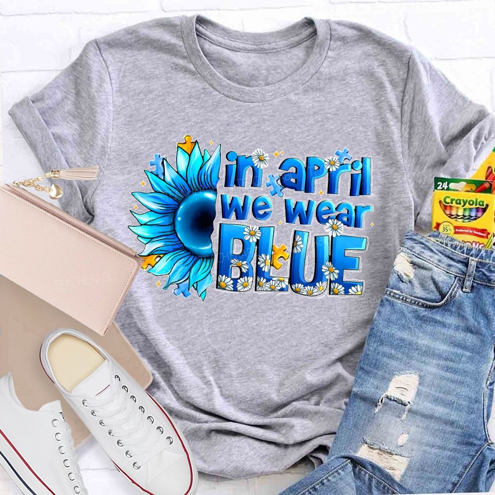 In April We Wear Blue Sunflower Puzzle Teacher T-shirt