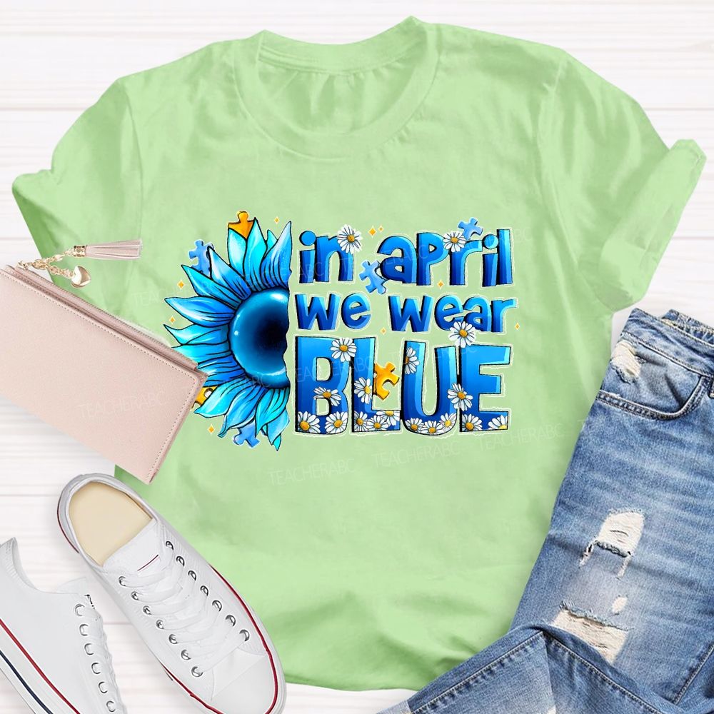 In April We Wear Blue Sunflower Puzzle Teacher T-shirt