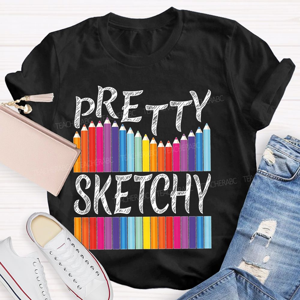 Pretty Sketchy Colorful Pencil Letters Teacher T-shirt