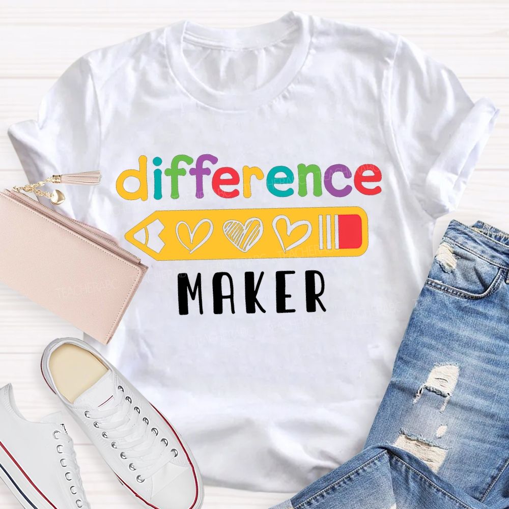 Difference Maker Colored Font And Heart-Shaped Pencil Teacher T-shirt