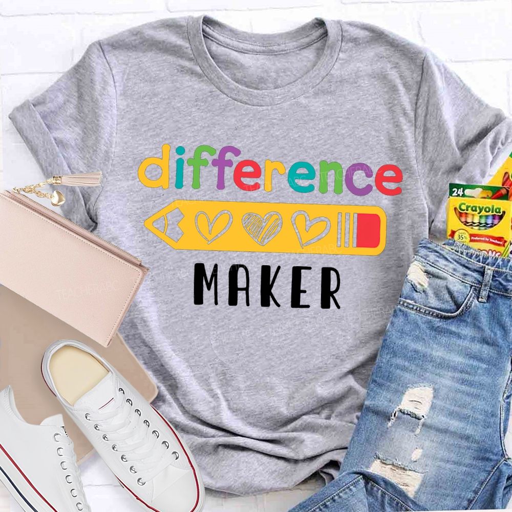 Difference Maker Colored Font And Heart-Shaped Pencil Teacher T-shirt
