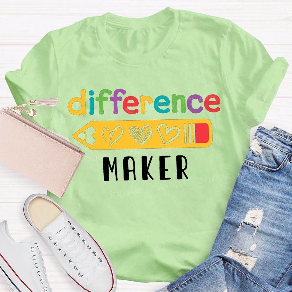 Difference Maker Colored Font And Heart-Shaped Pencil Teacher T-shirt