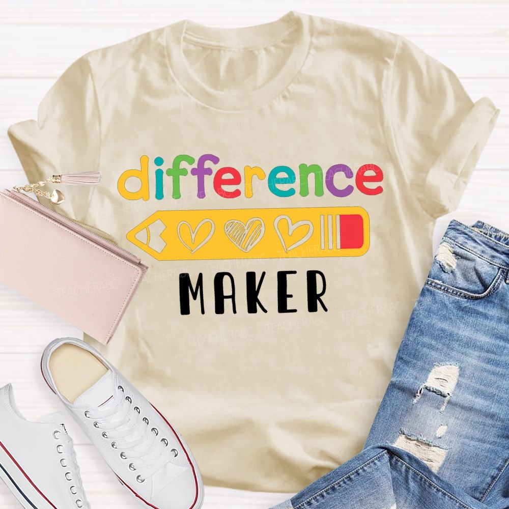 Difference Maker Colored Font And Heart-Shaped Pencil Teacher T-shirt