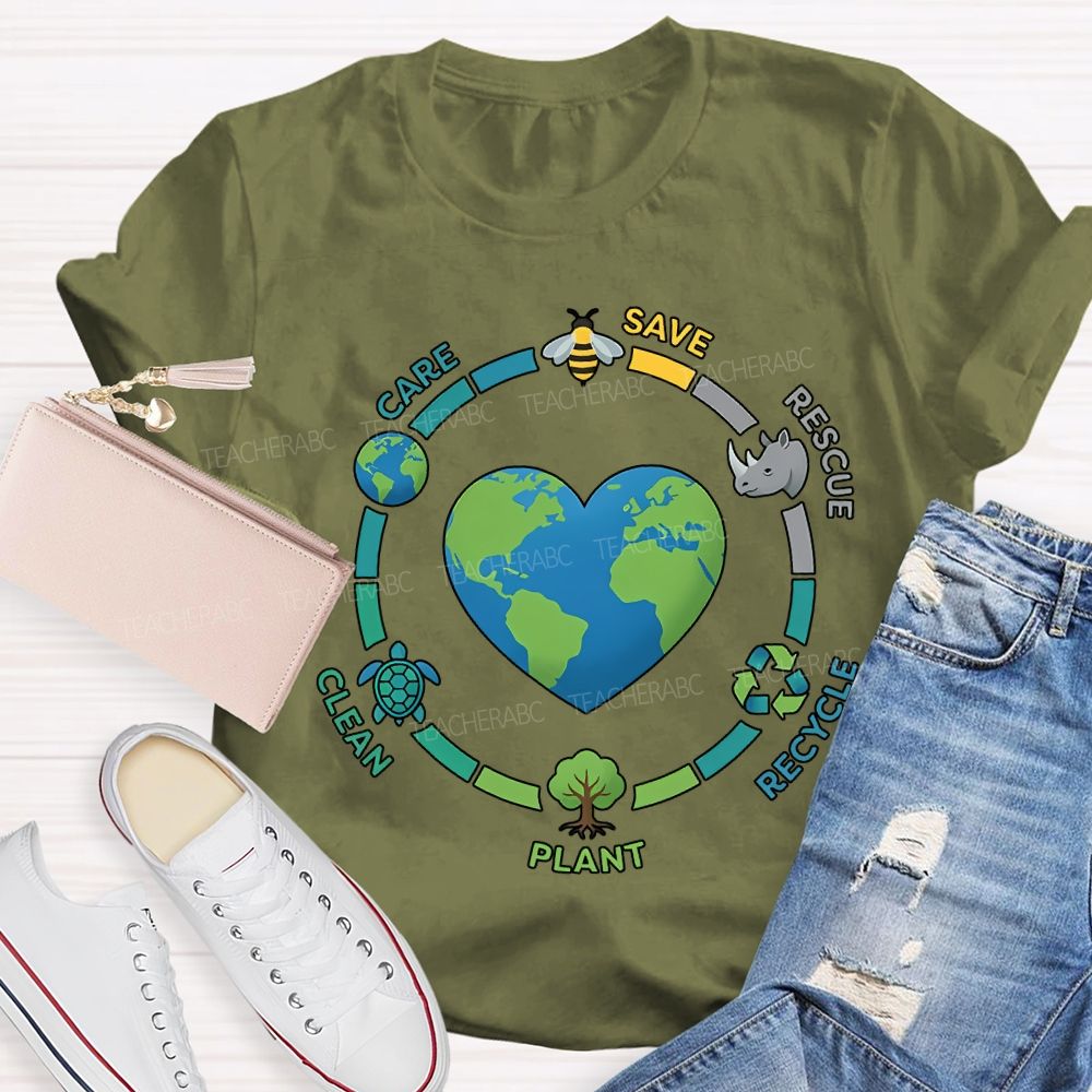 Care Save Rescue Recycle Plant Clean Teacher T-shirt