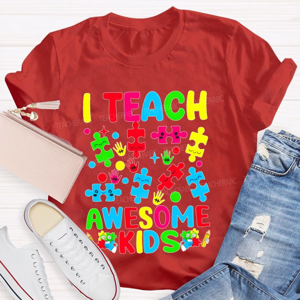 I Teach Awesome Kids Colorful Puzzles Teacher T-shirt
