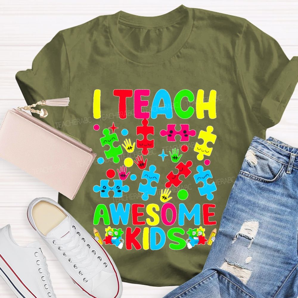 I Teach Awesome Kids Colorful Puzzles Teacher T-shirt