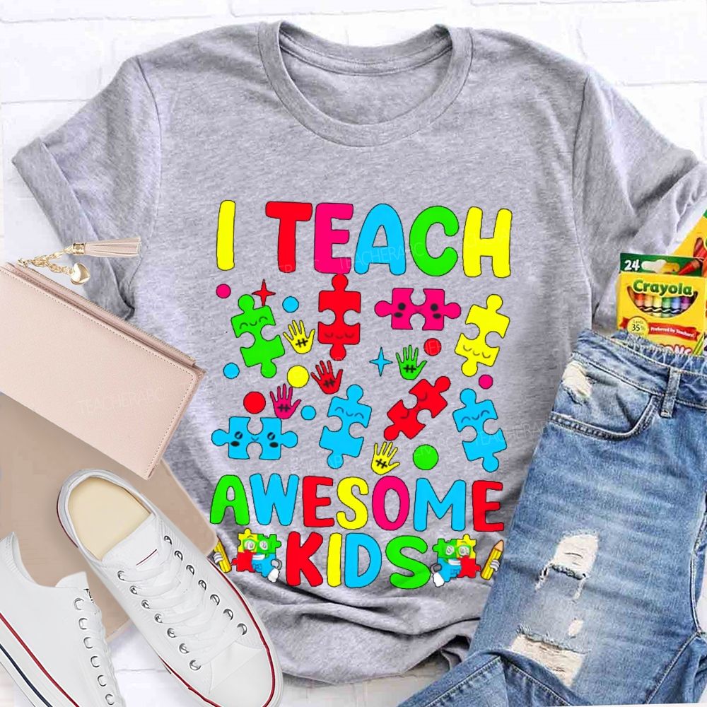 I Teach Awesome Kids Colorful Puzzles Teacher T-shirt