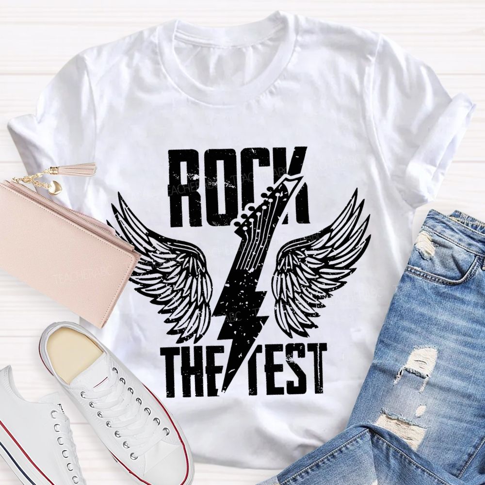Rock The Test Wings And Lightning Print Teacher T-shirt