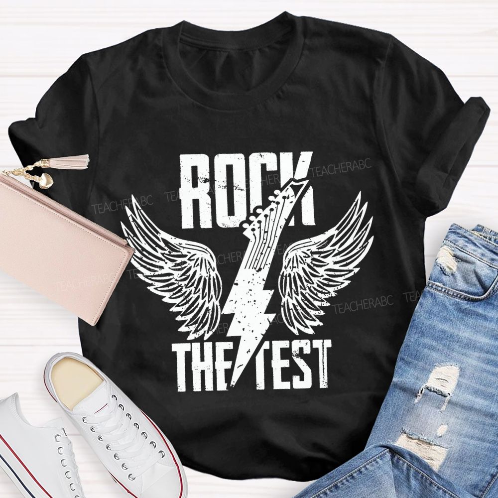 Rock The Test Wings And Lightning Print Teacher T-shirt
