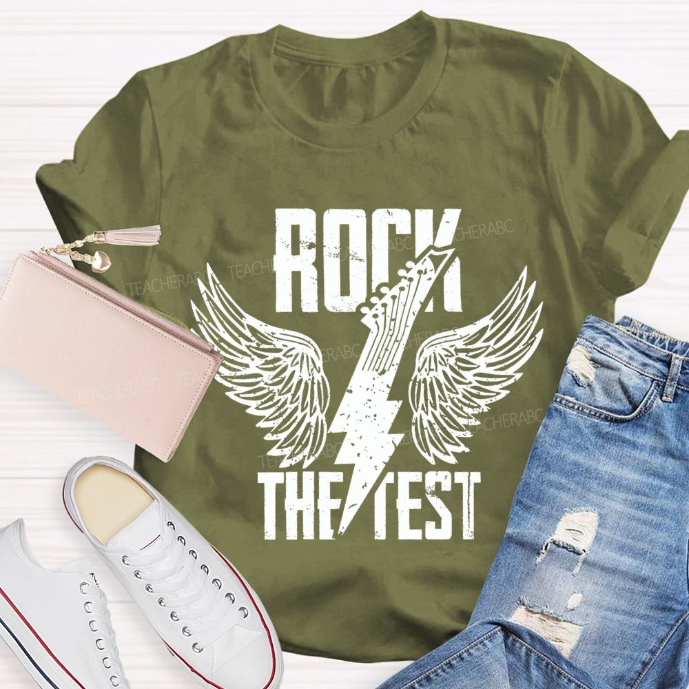 Rock The Test Wings And Lightning Print Teacher T-shirt