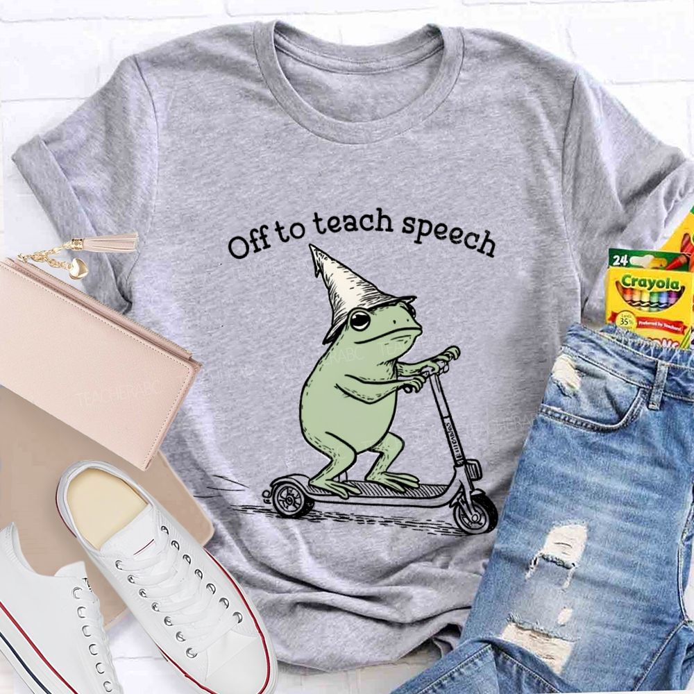 Off To Teach Speech Frog on Scooter Teacher T-Shirt