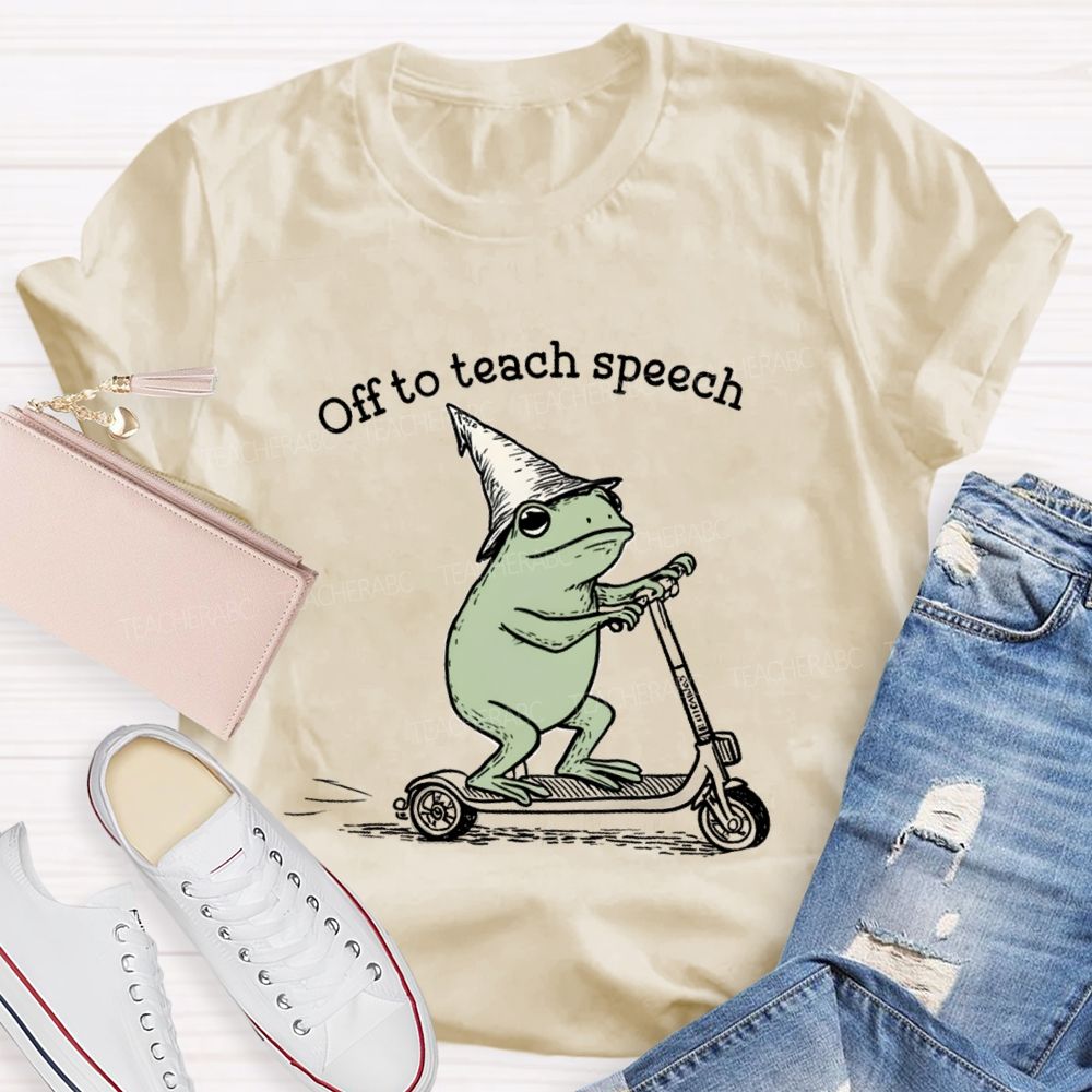 Off To Teach Speech Frog on Scooter Teacher T-Shirt