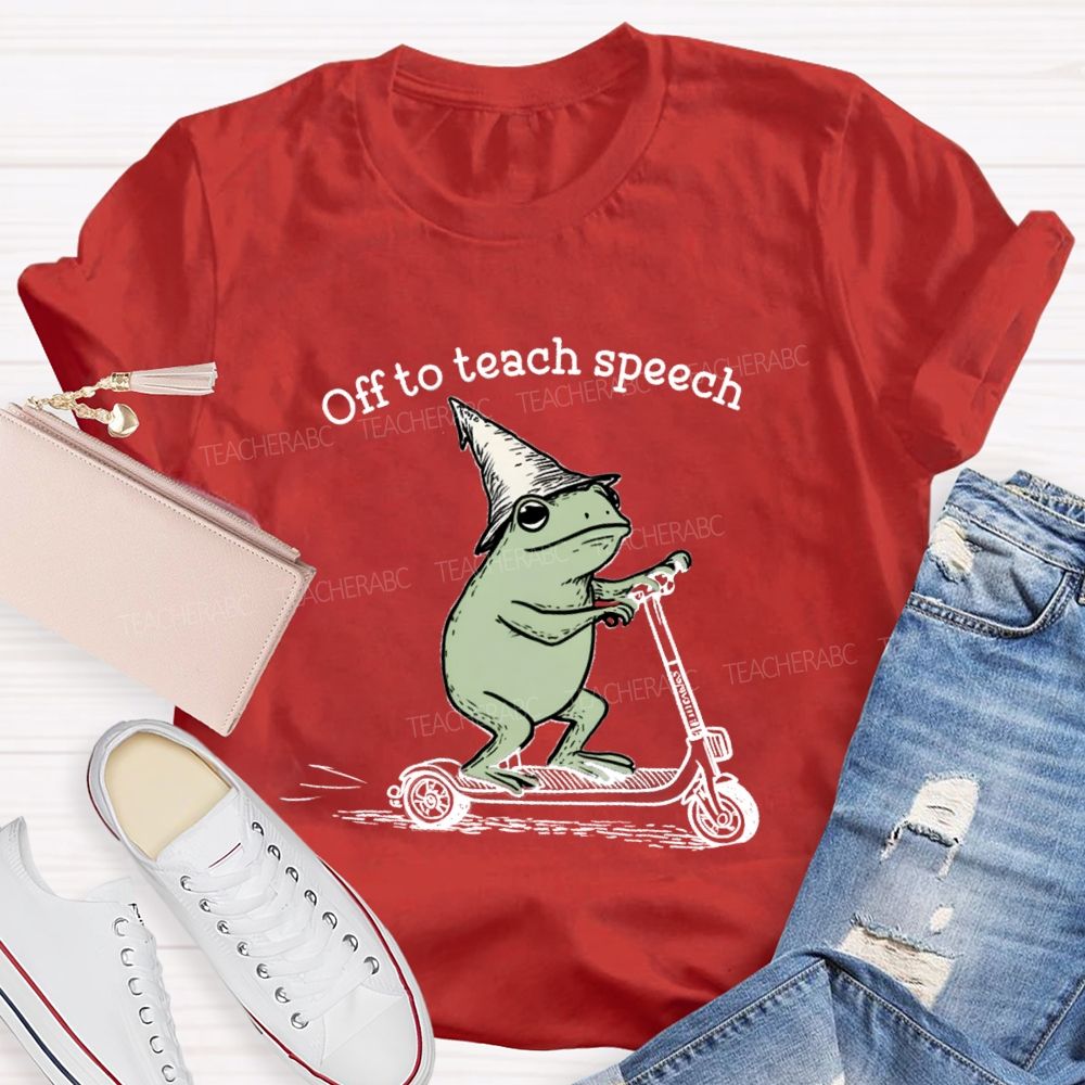Off To Teach Speech Frog on Scooter Teacher T-Shirt