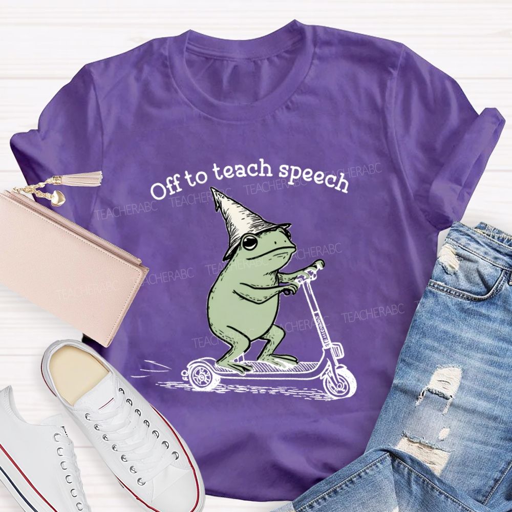 Off To Teach Speech Frog on Scooter Teacher T-Shirt
