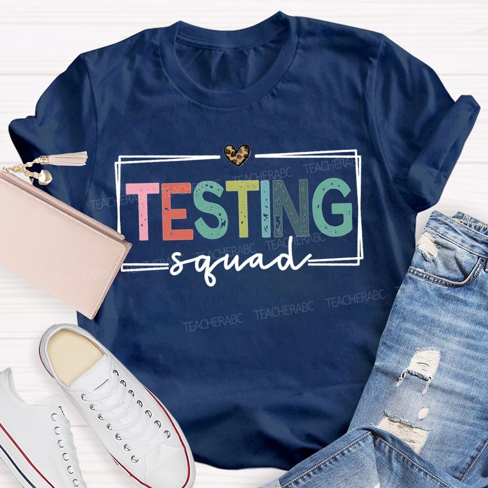 Testing Squad Colorful Font And Leopard Print Hearts Teacher T-shirt