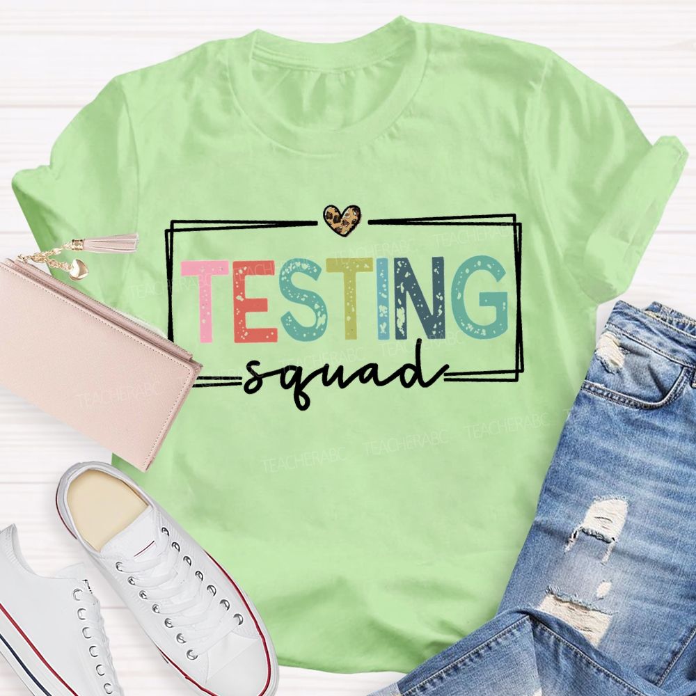 Testing Squad Colorful Font And Leopard Print Hearts Teacher T-shirt
