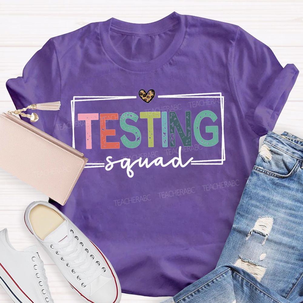 Testing Squad Colorful Font And Leopard Print Hearts Teacher T-shirt