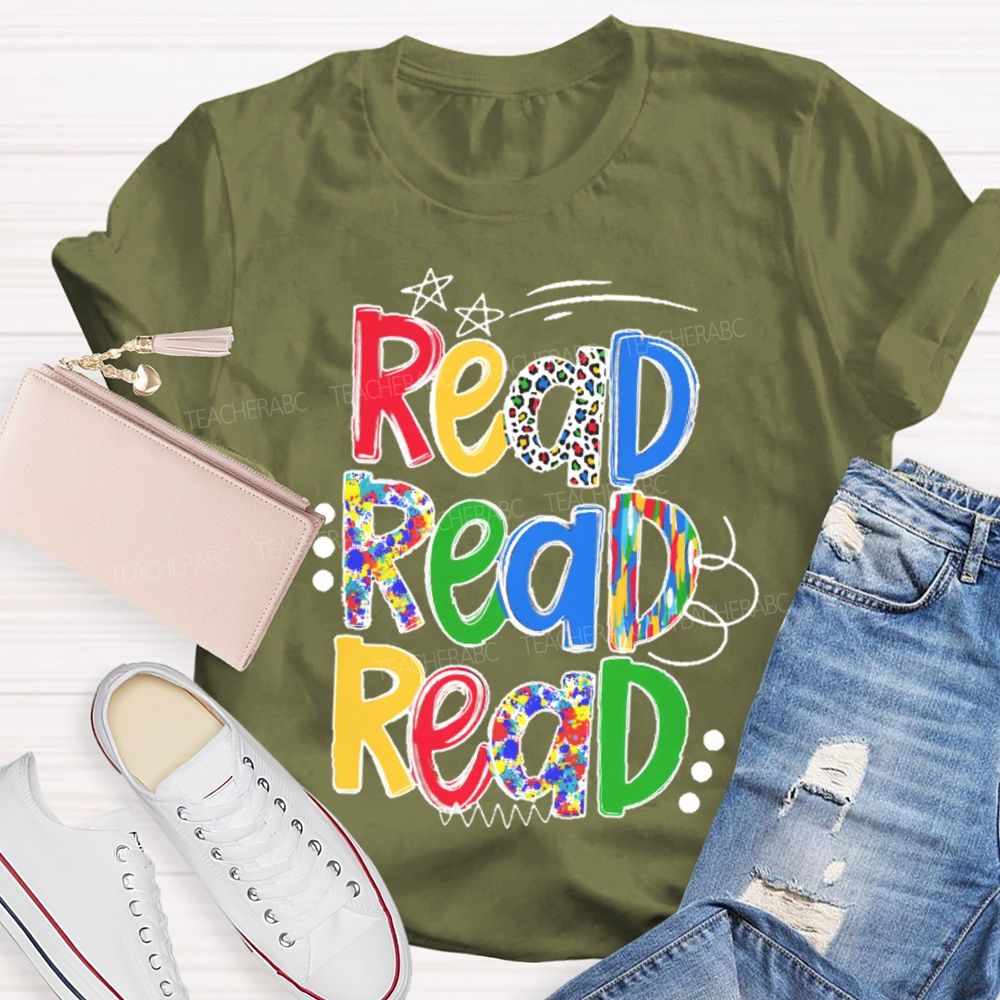 Read Colorful Letters Stars Teacher T-shirt