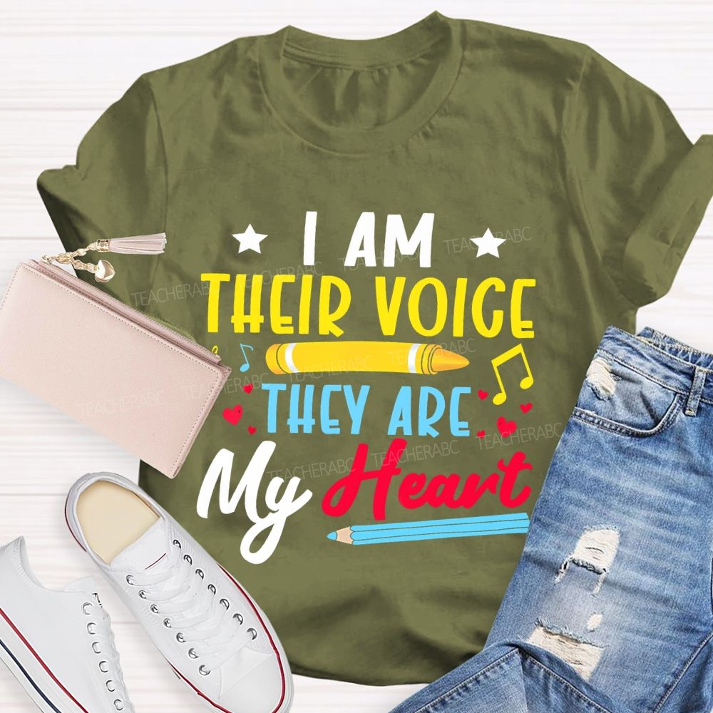 I Am Their Voice They Are My Heart Colorful Letters Teacher T-shirt