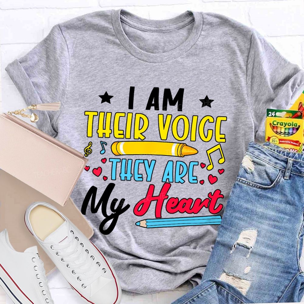 I Am Their Voice They Are My Heart Colorful Letters Teacher T-shirt
