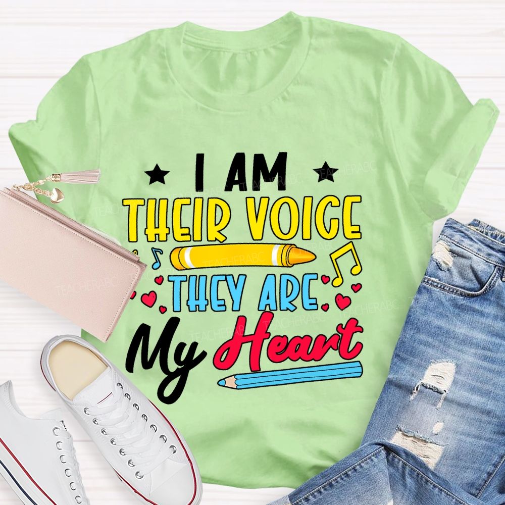 I Am Their Voice They Are My Heart Colorful Letters Teacher T-shirt