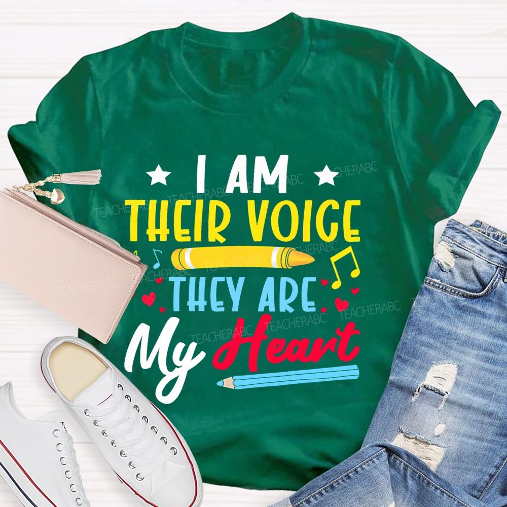 I Am Their Voice They Are My Heart Colorful Letters Teacher T-shirt