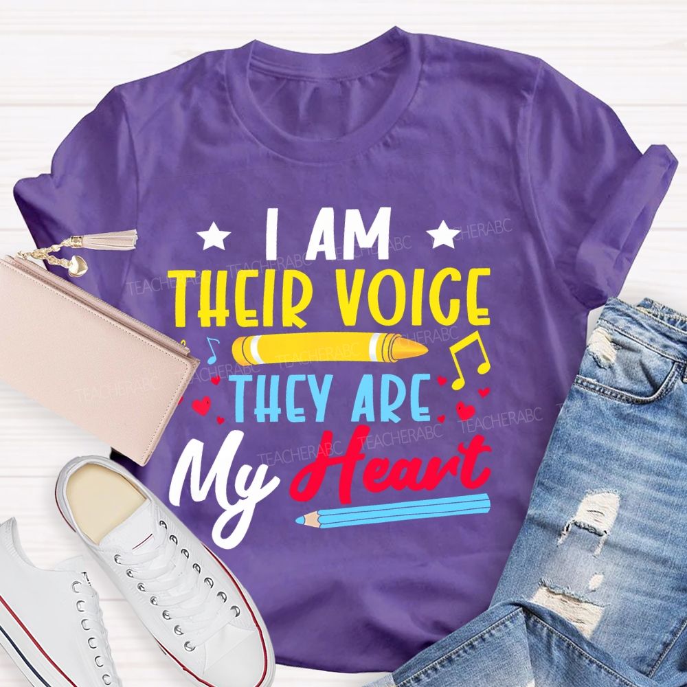 I Am Their Voice They Are My Heart Colorful Letters Teacher T-shirt