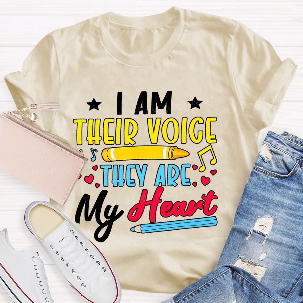 I Am Their Voice They Are My Heart Colorful Letters Teacher T-shirt