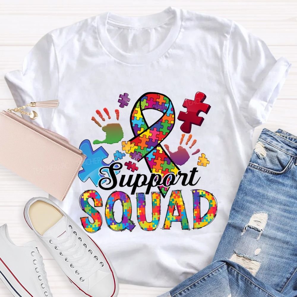 Support Squad Colorful Ribbon Heart Puzzle Teacher T-Shirt