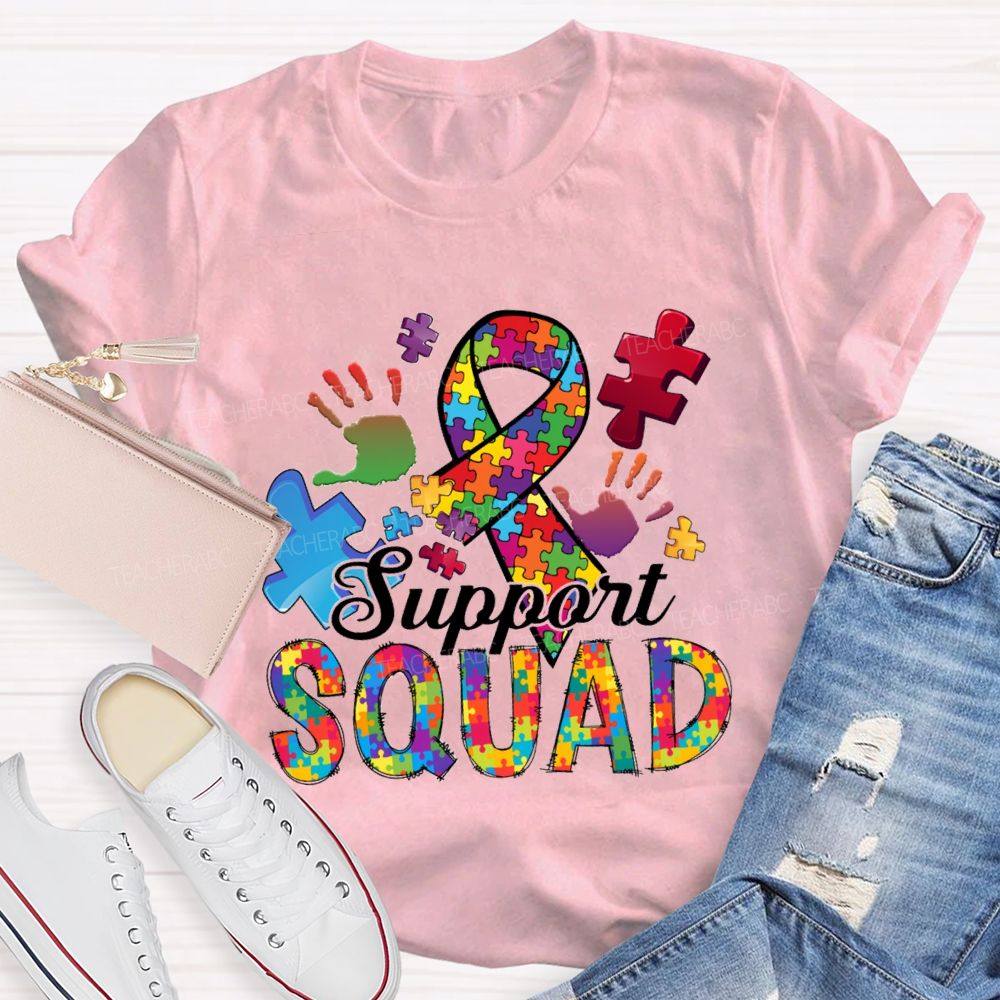 Support Squad Colorful Ribbon Heart Puzzle Teacher T-Shirt