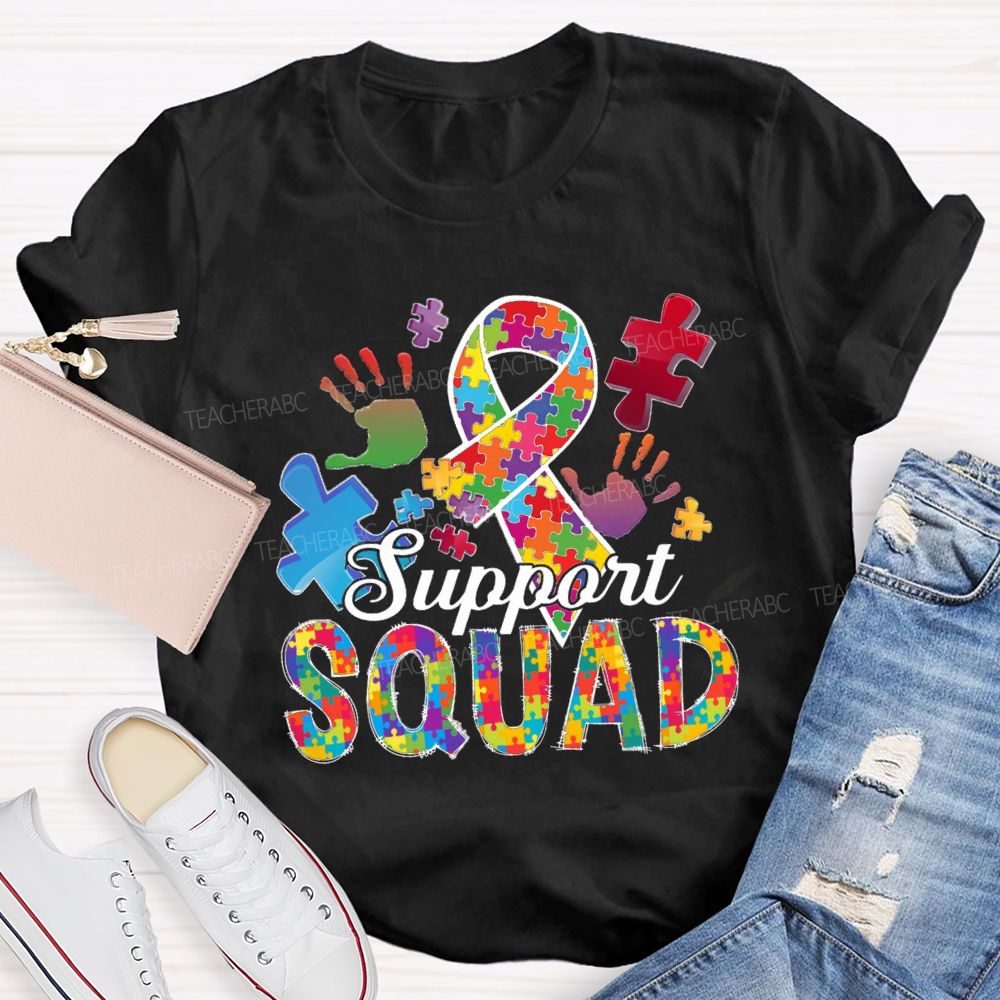 Support Squad Colorful Ribbon Heart Puzzle Teacher T-Shirt