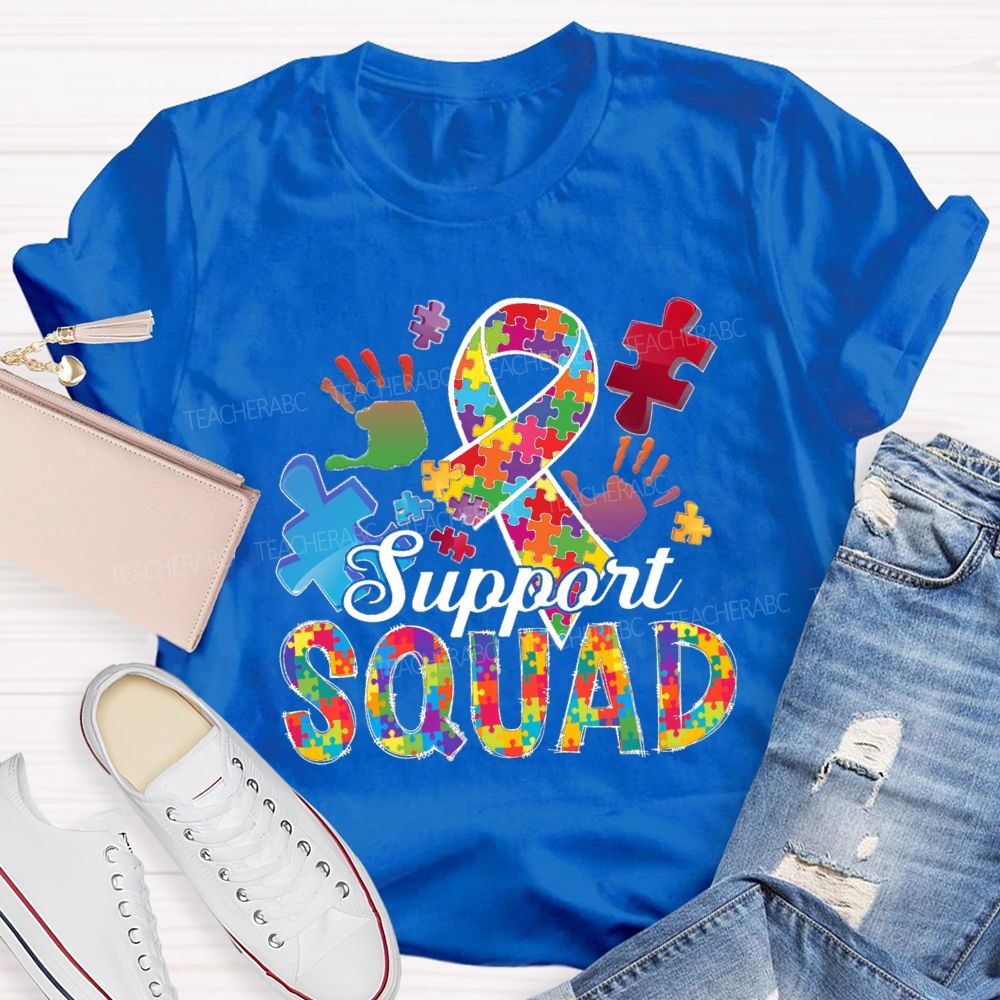 Support Squad Colorful Ribbon Heart Puzzle Teacher T-Shirt