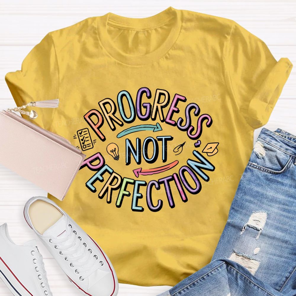 Progress Not Perfection Colorful Letters Light Bulb Teacher T-shirt