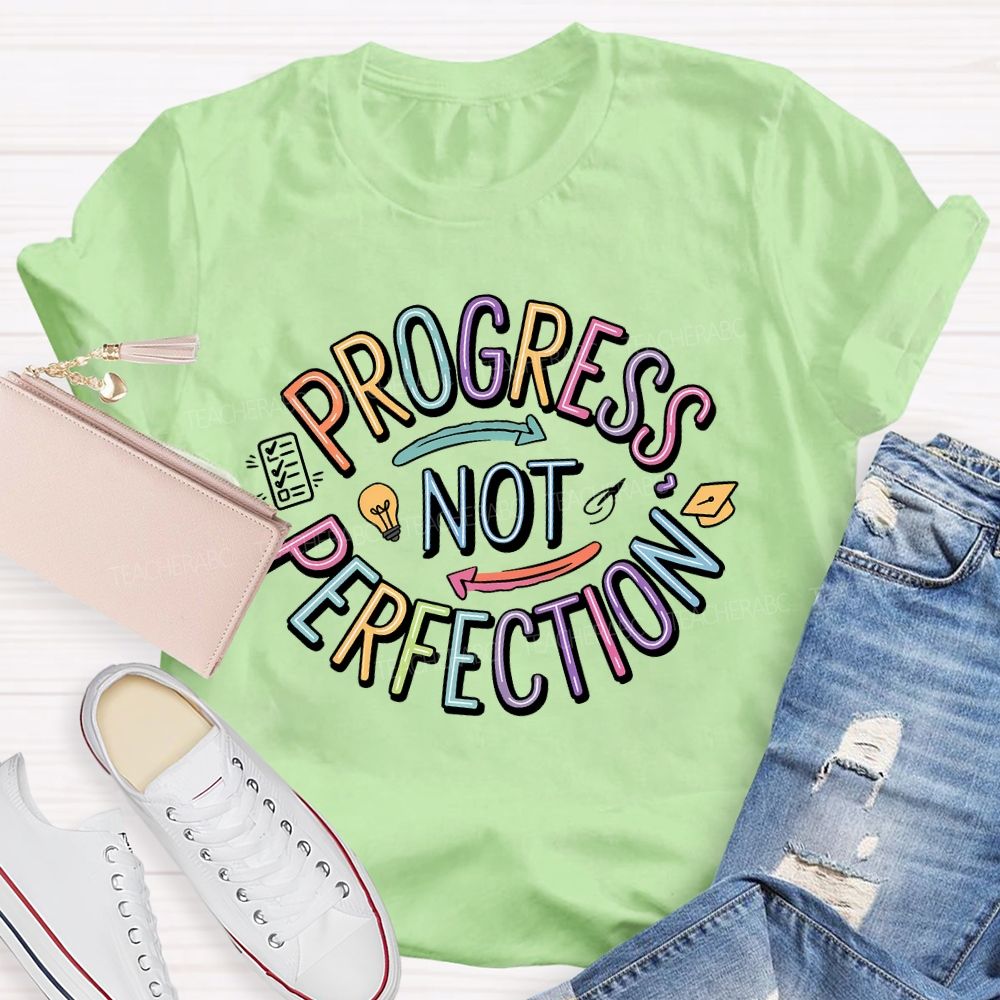 Progress Not Perfection Colorful Letters Light Bulb Teacher T-shirt