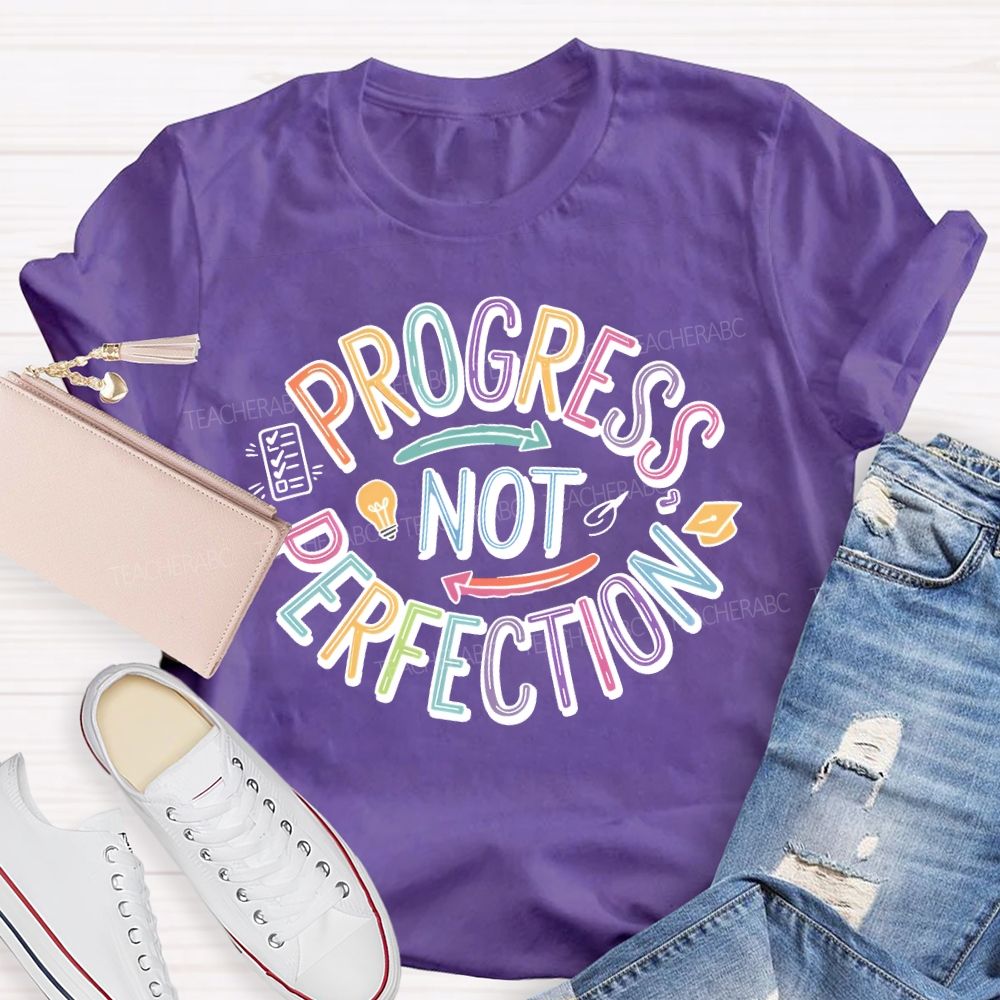 Progress Not Perfection Colorful Letters Light Bulb Teacher T-shirt