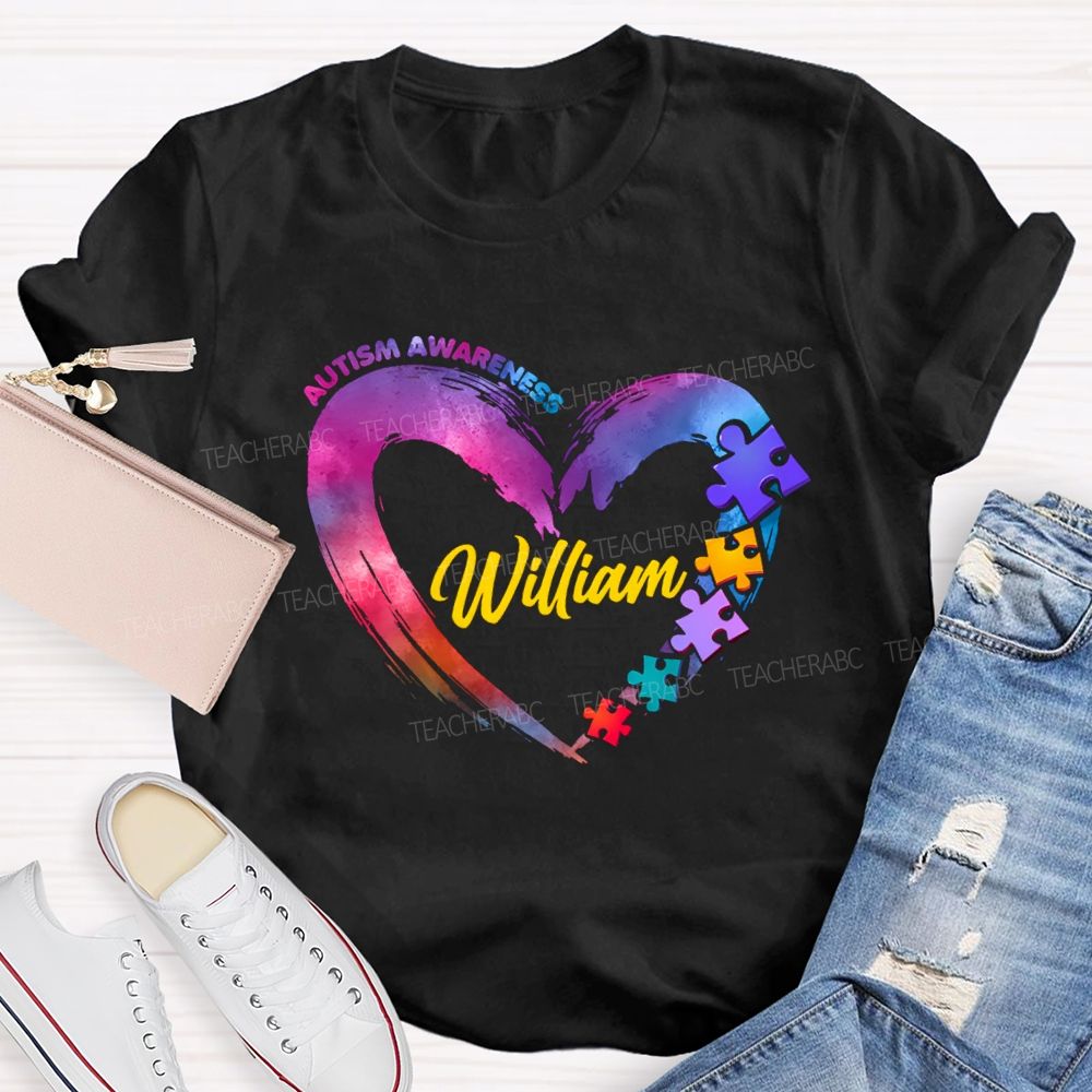 Personalized Name Autism Awareness Gradient Heart Teacher T-Shirt