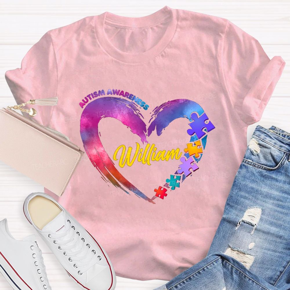 Personalized Name Autism Awareness Gradient Heart Teacher T-Shirt