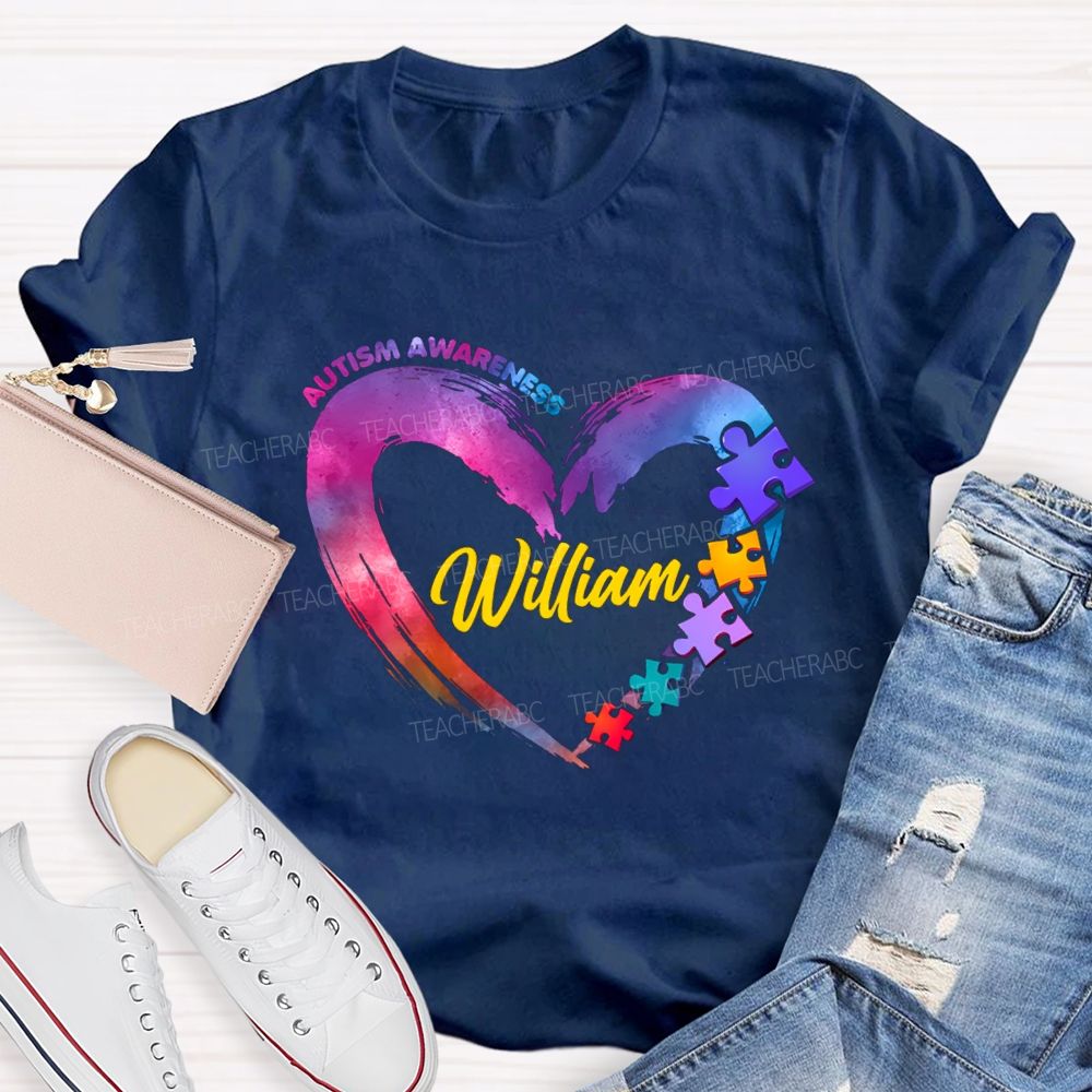 Personalized Name Autism Awareness Gradient Heart Teacher T-Shirt