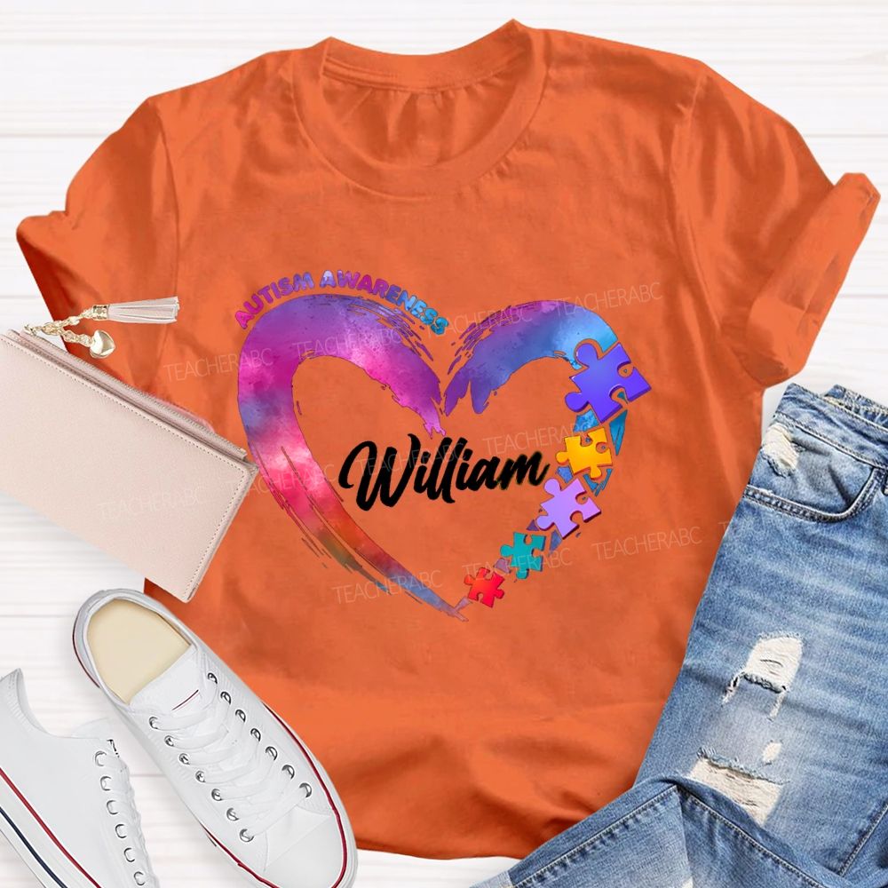 Personalized Name Autism Awareness Gradient Heart Teacher T-Shirt