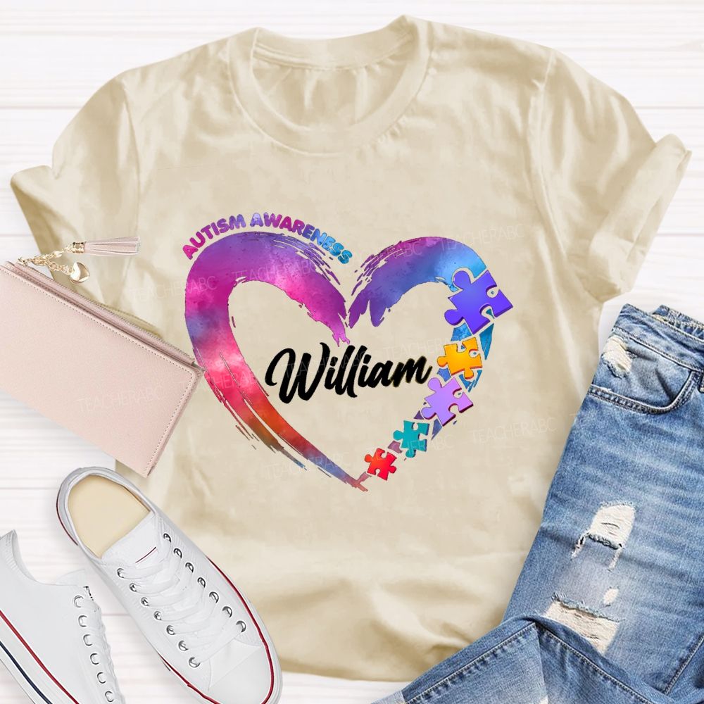 Personalized Name Autism Awareness Gradient Heart Teacher T-Shirt