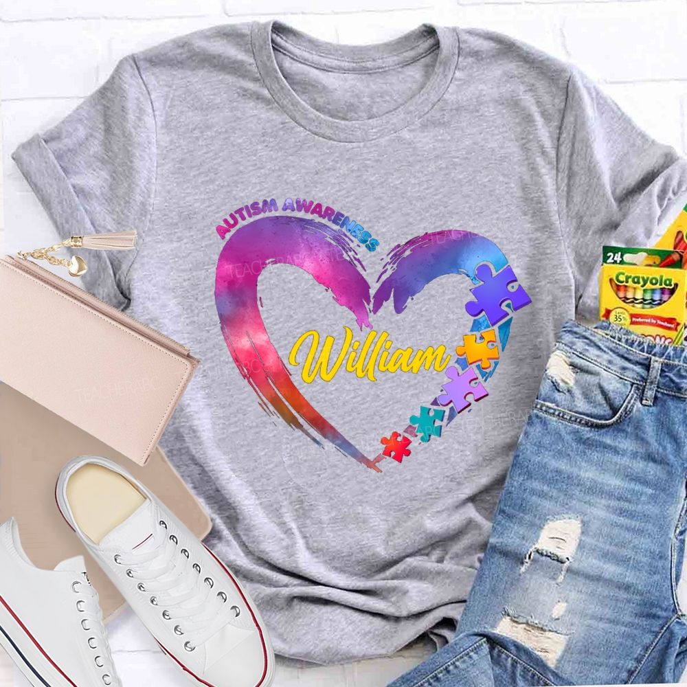 Personalized Name Autism Awareness Gradient Heart Teacher T-Shirt