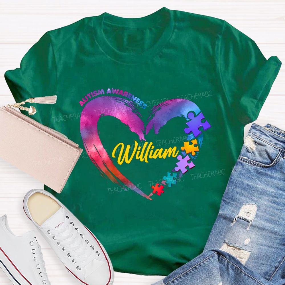 Personalized Name Autism Awareness Gradient Heart Teacher T-Shirt