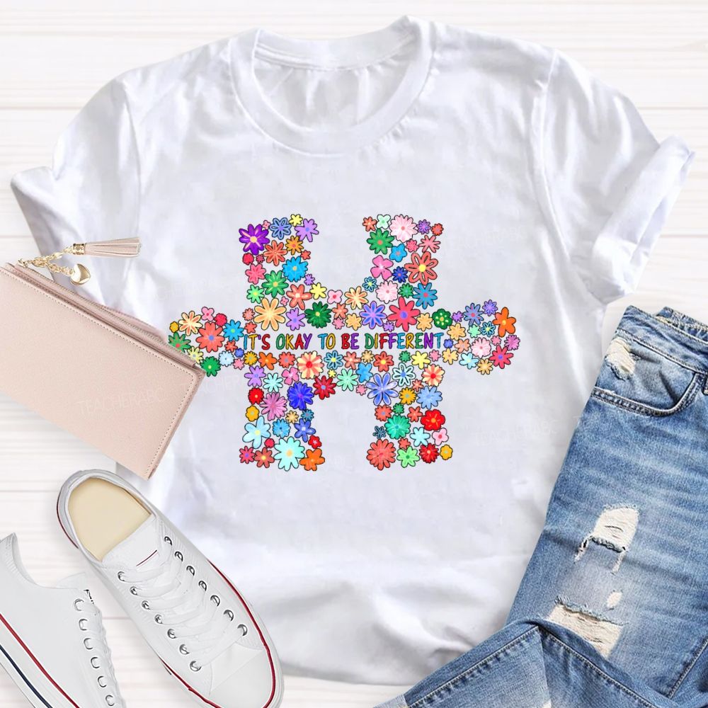 It's Okay To Be Different Colorful Flowers Puzzle Teacher T-Shirt