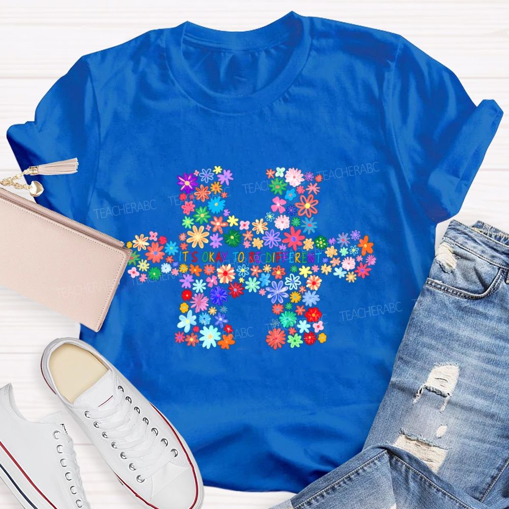 It's Okay To Be Different Colorful Flowers Puzzle Teacher T-Shirt